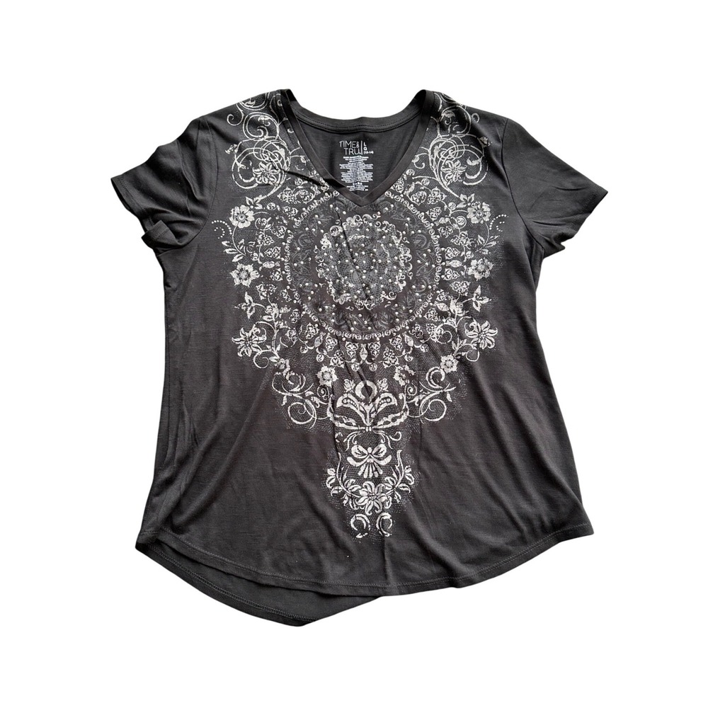 Y2k Time and Tru Womens Black Soot Medallion Graphic V-Neck T-Shirt‎ L
